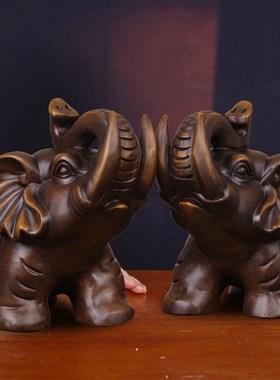 招财大象摆件一对实木雕新年送礼品客厅玄关办公室装饰吉象工艺品