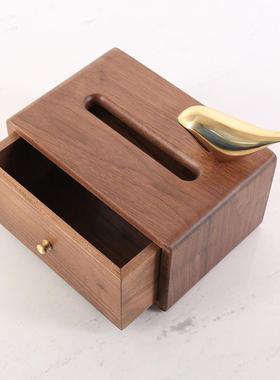 创意新中式胡桃木收纳盒铜鸟纸巾盒摆件客厅样板间茶几桌面抽纸盒