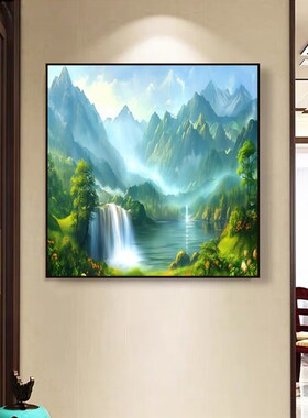 青山绿水装饰画办公室背景墙客厅玄关正方形挂画聚宝盆招财靠山图