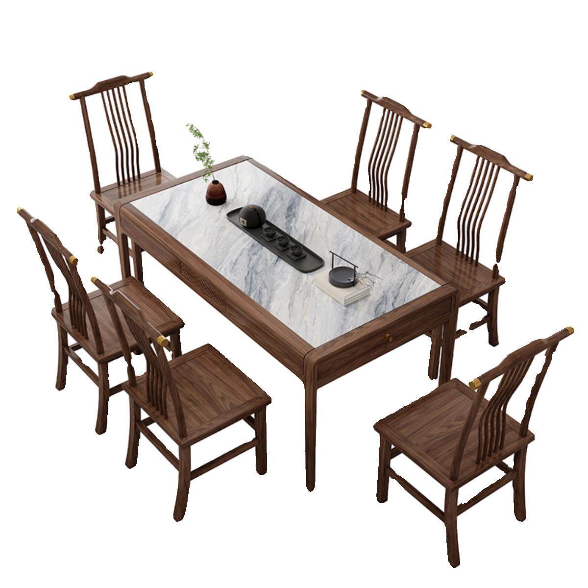 新中式实木餐桌椅组合轻奢风黑胡桃木长方形饭桌岩板台面吃饭桌,淘宝优惠券,粉丝福利购,淘宝优惠卷