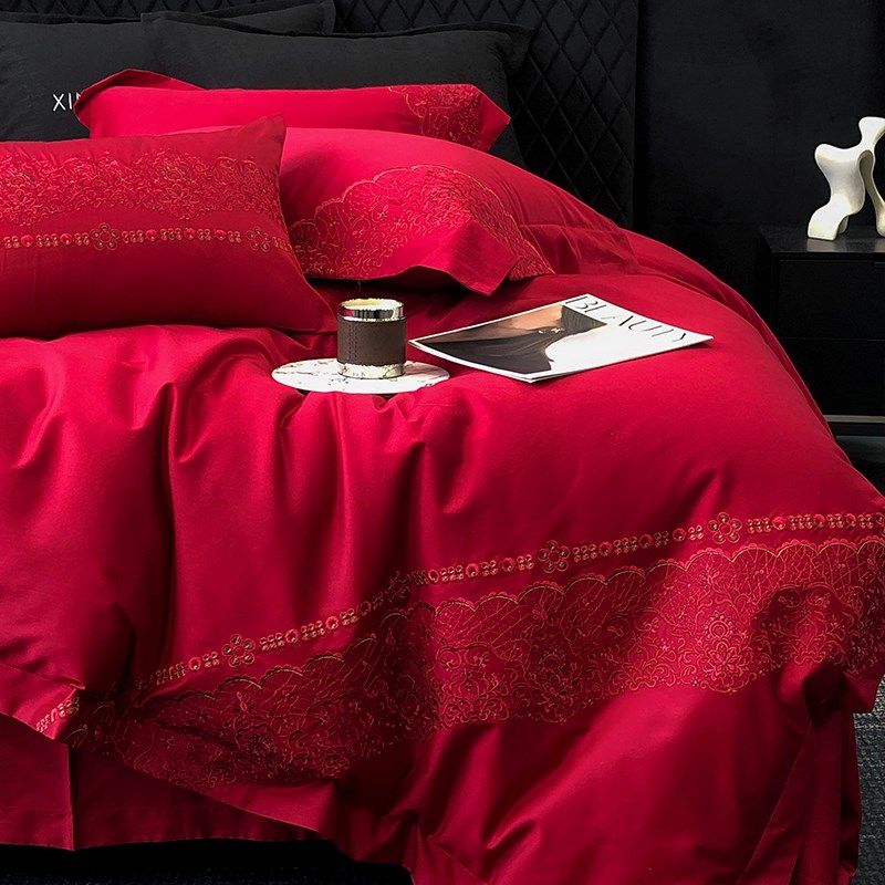 高端100支婚庆结婚全棉纯棉四件套长绒棉床单被套结婚床上用品红,淘宝优惠券,粉丝福利购,淘宝优惠卷
