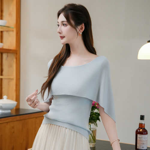 COCO BECCI【天丝斗篷小衫】100莱赛尔假两件斗篷针织衫上衣女夏 - 图1