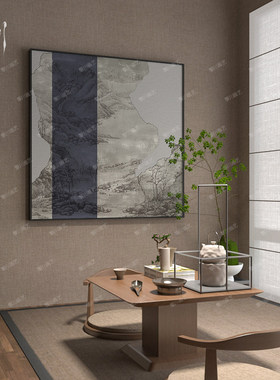新中式蓝色轻奢中国风山水玄关客厅茶室装饰画背景墙壁画方形挂画