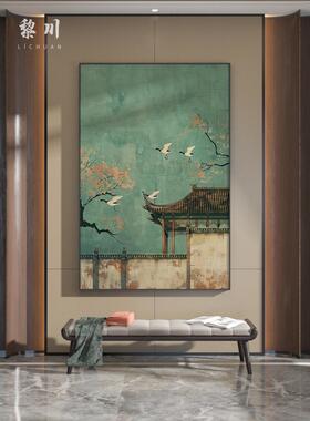 新中式禅意绿色中国风楼阁仙鹤古典客厅装饰画玄关壁画竖版挂画