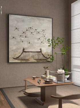 新中式楼阁仙鹤复古风茶室酒店玄关客厅装饰画背景墙壁画方形挂画