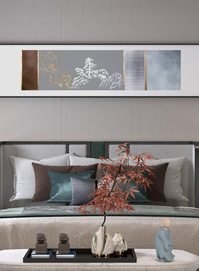 新中式横版装饰画客厅茶室卧室床头抽象银白色山水画背景墙壁挂画