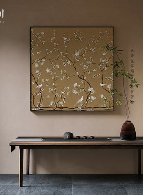 新中式中国风黄色复古花鸟入户玄关客厅装饰画书房壁画方形挂画