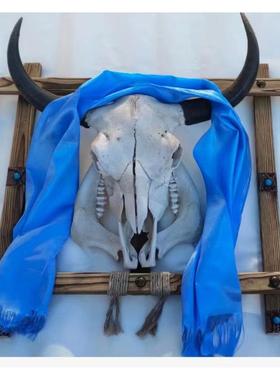 蒙古餐厅装饰木架镶钻羊头骨标本天然真羊头工艺品牛羊头挂饰摆件