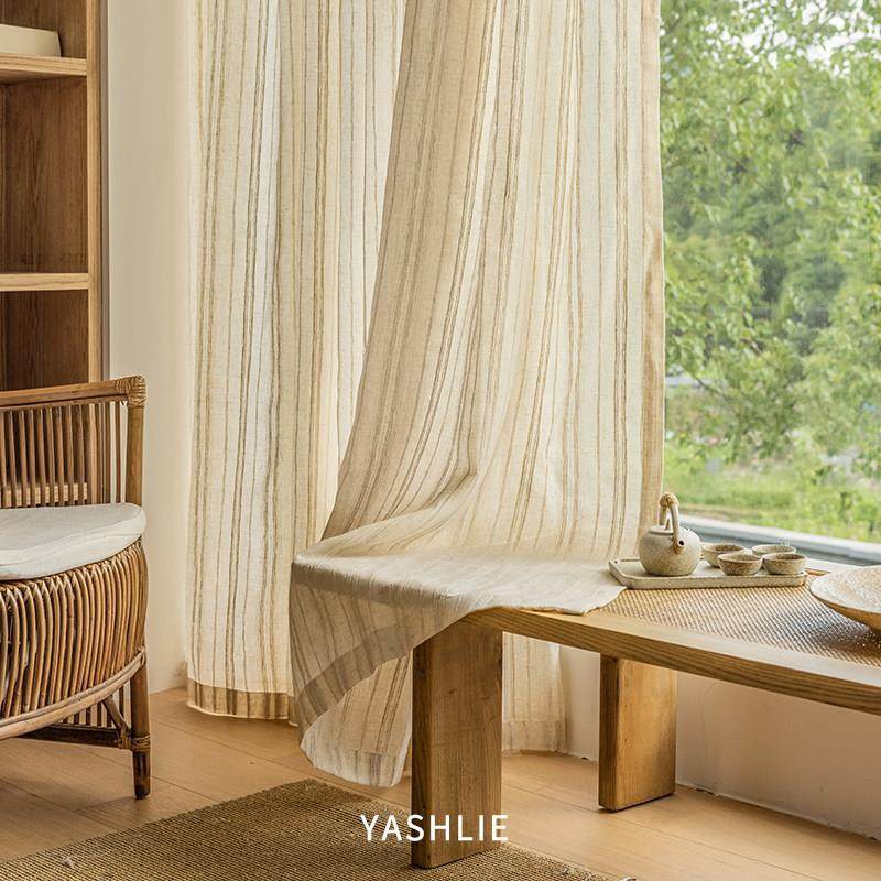 YASHLIE | 原木风条纹亚麻窗帘复古文艺民宿透光纱帘客厅阳台飘窗,淘宝优惠券,粉丝福利购,淘宝优惠卷