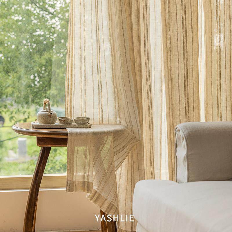 YASHLIE | 原木风条纹亚麻窗帘复古文艺民宿透光纱帘客厅阳台飘窗,淘宝优惠券,粉丝福利购,淘宝优惠卷