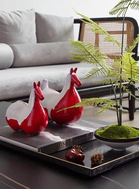 新中式红色陶瓷唐富贵小胖马一对工艺品酒柜玄关电视柜样板间摆件