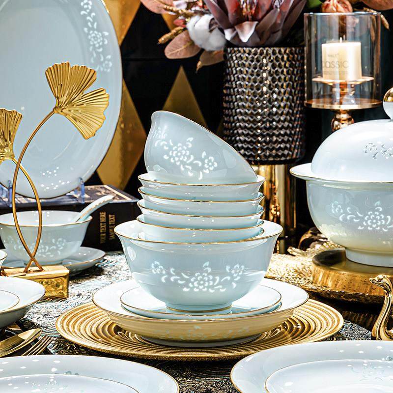 高温釉下彩玲珑瓷餐具景德镇高岭土青瓷碗盘碗碟套装家用乔迁新居,淘宝优惠券,粉丝福利购,淘宝优惠卷