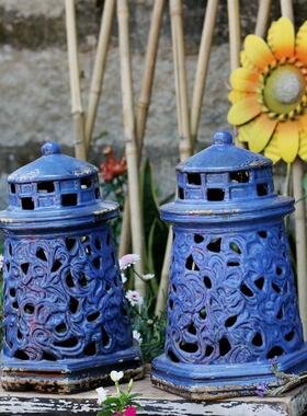 花园灯塔 蓝色陶瓷园艺摆件 户外庭院阳台装饰薰香罩地面电线遮挡