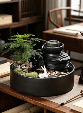 创意陶瓷流水器 茶桌禅意微景观风水轮循环水招财桌面加湿器