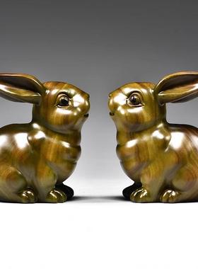 天然绿檀木兔子雕刻摆件实木十二生肖兔木制吉祥物摆设装饰工艺品