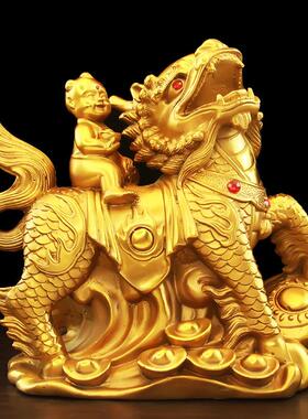 纯黄铜麒麟摆件全铜的卧室麒麟送子一对儿女家居装饰工艺礼品摆饰