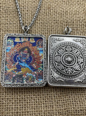 布达拉宫大威德金刚半手绘唐卡挂坠复古做旧泰银守护吊坠男女项链
