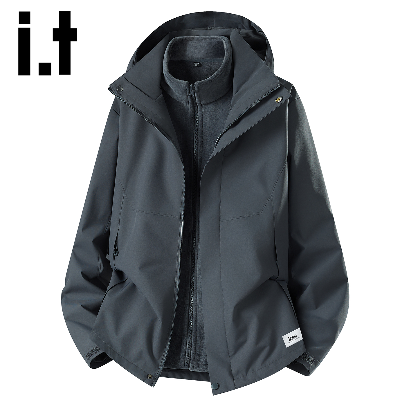 it izzue秋冬季纯色三合一防风情侣冲锋外套男女款宽松加厚夹克Y - 图1