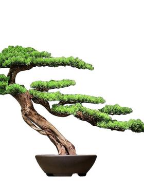 仿真迎客松盆景酒店办公室玄关桌罗汉松摆件客厅电视柜家居装饰品