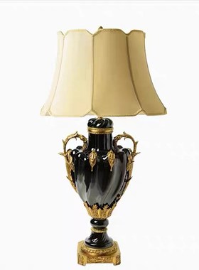 美式黑色陶瓷配铜玄关装饰摆件欧式古典样板台灯烛台座钟装饰品