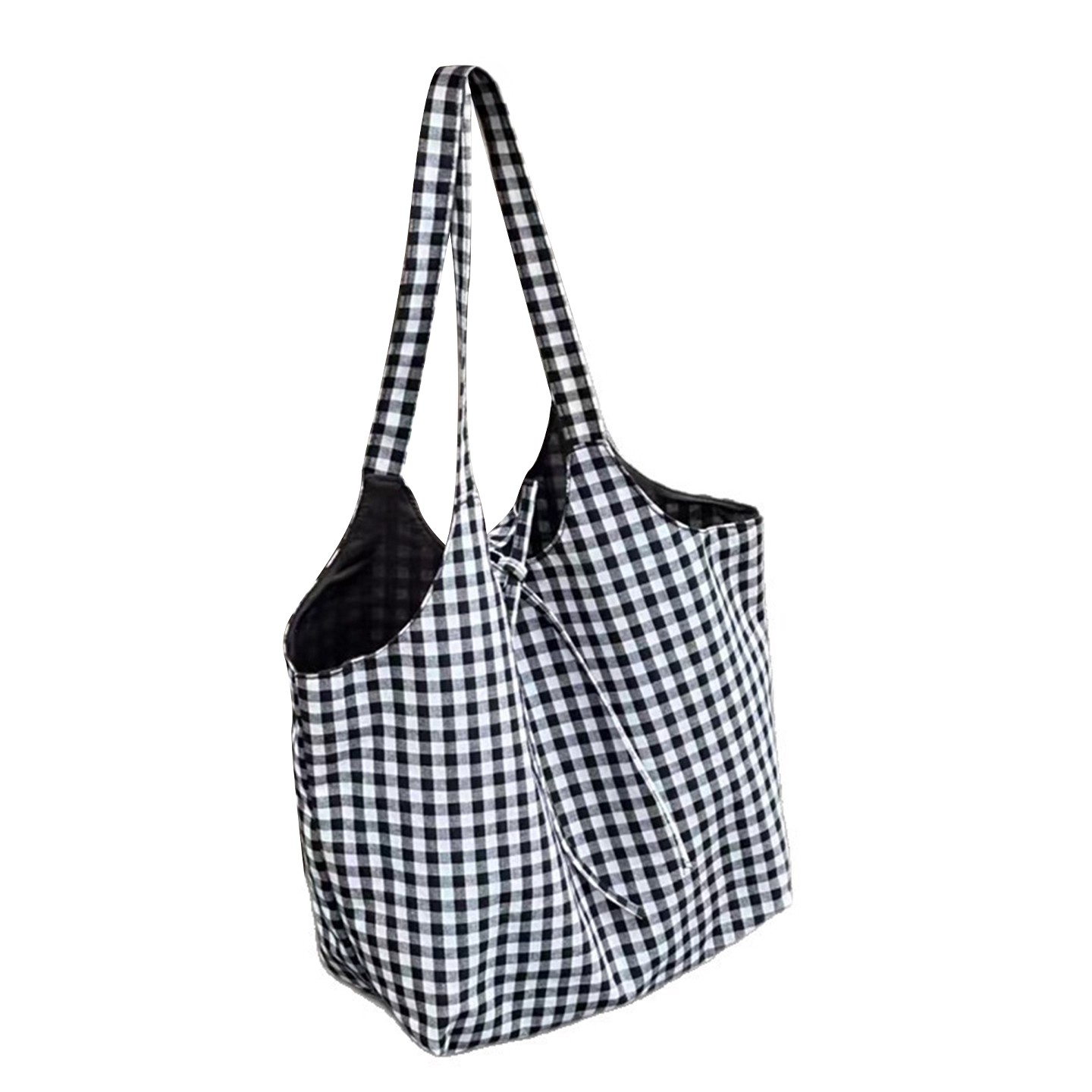 文艺百搭格子帆布双面包2025新款通勤外出手提包托特包抽绳布袋子 - 图3