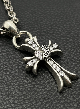 s925纯银克罗伈复古满钻十字架项链男十字花链爱心吊坠经典款潮牌