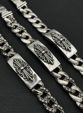 s925纯银克罗伈复古宝剑半花长十字花手链男满花链条古巴链经典款