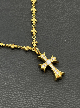 s925纯银克罗伈22K金色十字架伸缩调节一体项链男女个性十字花链