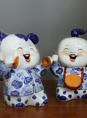 景德镇陶瓷器青花瓷中式人物摆件一对客厅书房书架摆设结婚礼品