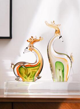 创意琉璃混彩招财麋鹿工艺品摆饰客厅酒柜电视柜家居装饰品摆设