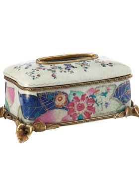 欧式彩绘陶瓷配铜家居饰品摆件 纸巾盒储物罐古典茶叶罐高档奢华