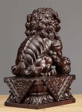 黑檀木雕刻狮子一对实木质狮宫门狮送礼品家居客厅办公室装饰摆设