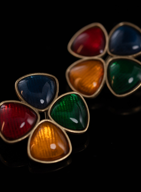 中古镀金镶嵌四叶草耳饰项链套装