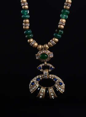 复古绿色镶钻铜合金项链