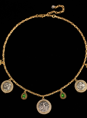 复古铜镀金镶钻古币耳饰项链手链