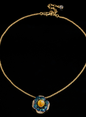 中古铜合金蓝色珐琅山茶花项链