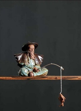 创意人物渔翁微景观姜太公陶瓷茶宠园艺造景垂钓渔公家居装饰摆件