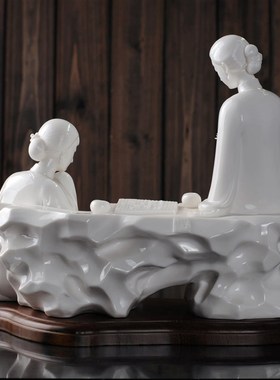 乐在棋中 德化白瓷古典美女仕女博弈棋盘人物雕塑工艺品摆件