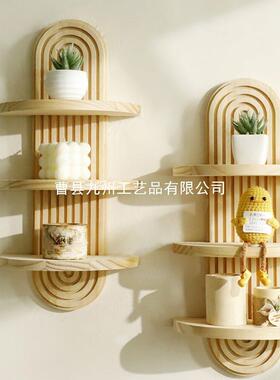 跨境新品椭圆螺纹多层创意实木墙壁花盆置物架木制工艺品家居装饰