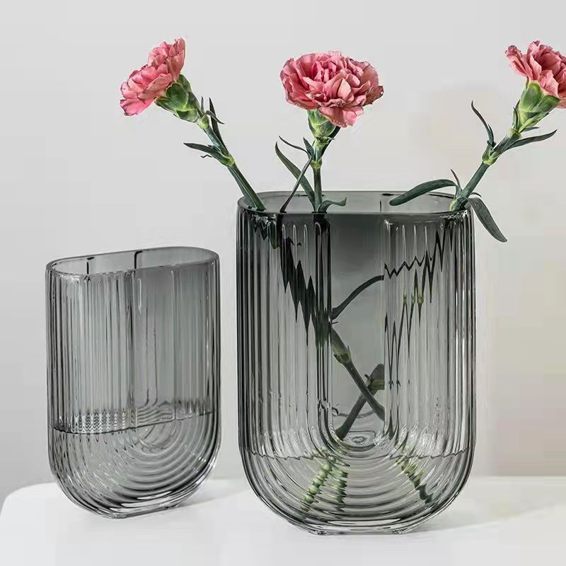 欧式U型透明玻璃花瓶竖纹创意客厅插花鲜花玫瑰百合花器装饰摆件-图1