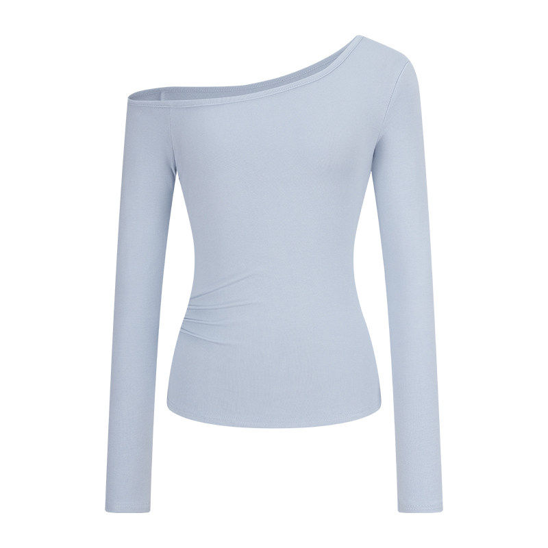 MosesQueen魔西女王纯欲斜肩长袖t恤女修身显瘦内搭打底露肩上衣