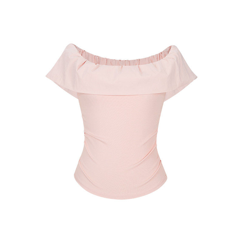 MosesQueen魔西女王粉色法式一字肩短袖t恤女收腰荷叶边露肩上衣
