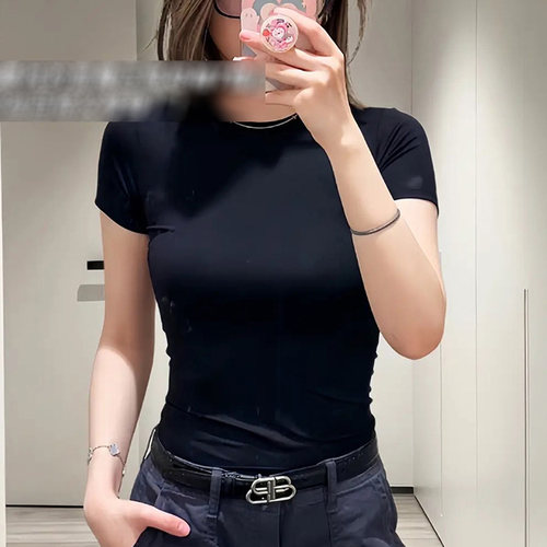 MosesQueen魔西女王白色正肩短袖t恤女夏季收腰显瘦修身圆领上衣 - 图1