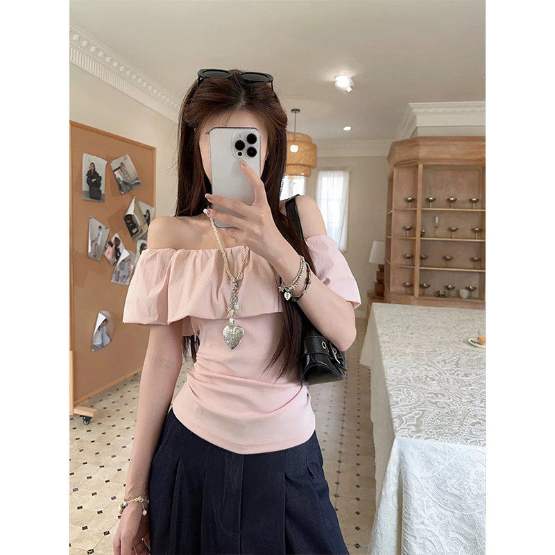 MosesQueen魔西女王粉色法式一字肩短袖t恤女收腰荷叶边露肩上衣