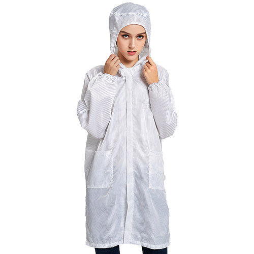 防静电大褂蓝色白色条纹拉链连帽无尘服连体工作服电子车间静电衣 - 图3