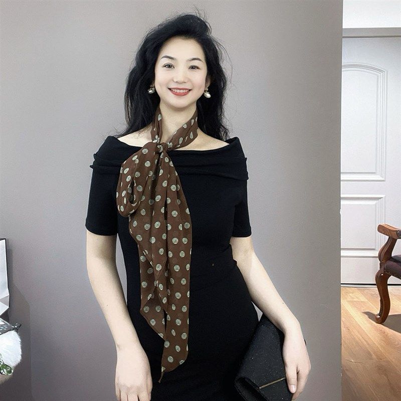 时髦款!咖色波点雪纺丝巾女2025新款长条薄款护颈装饰法式小围巾,淘宝优惠券,粉丝福利购,淘宝优惠卷