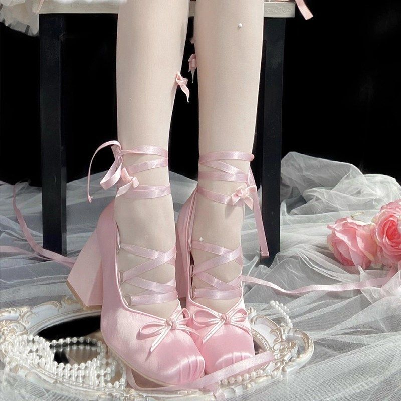 法式交叉绑带高跟鞋粗跟粉色少女芭蕾风鞋2025新款lolita方头单鞋,淘宝优惠券,粉丝福利购,淘宝优惠卷