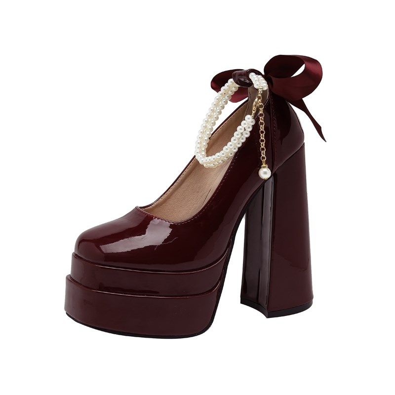 法式小个子15CM高跟鞋女粗跟春秋新款红色婚鞋新娘鞋漆皮方头单鞋,淘宝优惠券,粉丝福利购,淘宝优惠卷