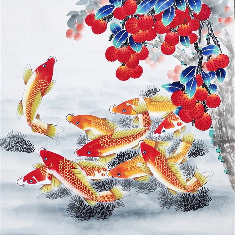 纯手绘定制国画花鸟画客厅玄关装饰四尺斗方无落款工笔荔枝九鱼图 - 图2