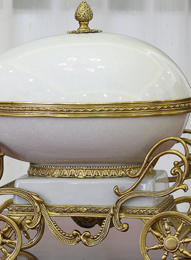 创意纯铜包瓷马拉车果盘摆件欧式美式客厅玄关陶瓷配铜收纳盒摆设